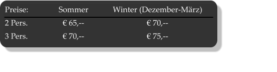 Preise:	Sommer	Winter (Dezember-März) 2 Pers.	€ 65,--	€ 70,--	 3 Pers.	€ 70,--	€ 75,--